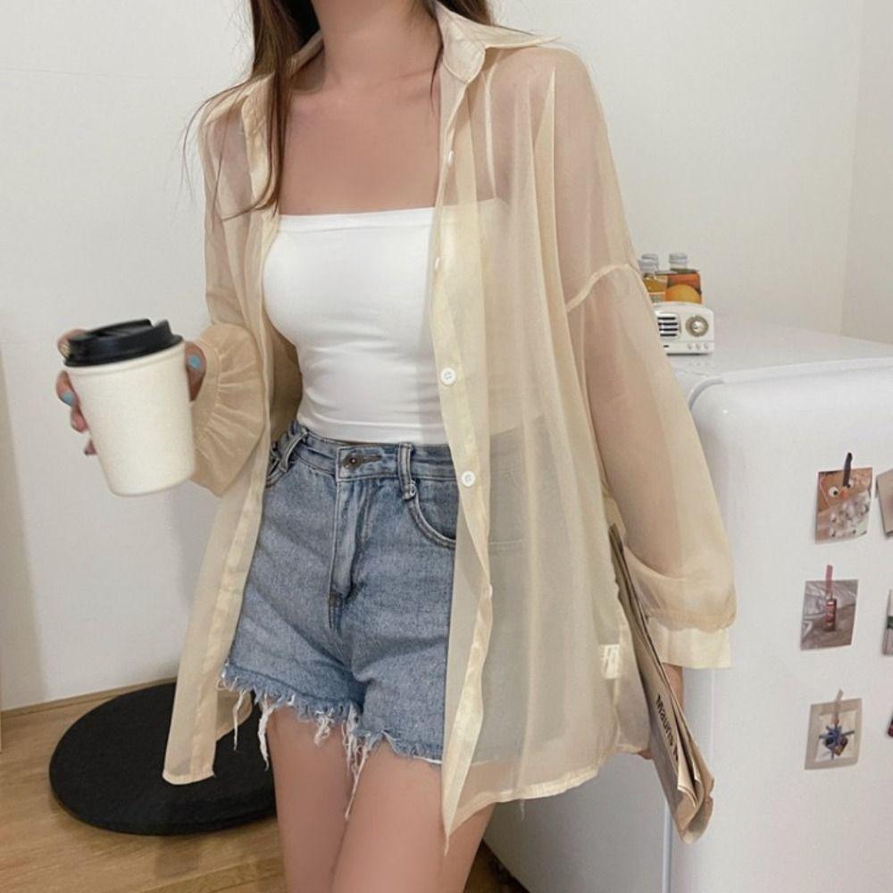 Chiffon Women Shirt Blouse Solid Color Female Loose Cardigan Casual Long Sleeve Top