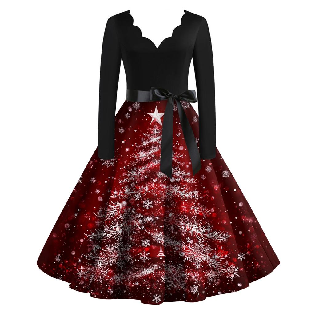 Women's Christmas Printed V-neck Large Hem Dress Long Sleeve Dress
