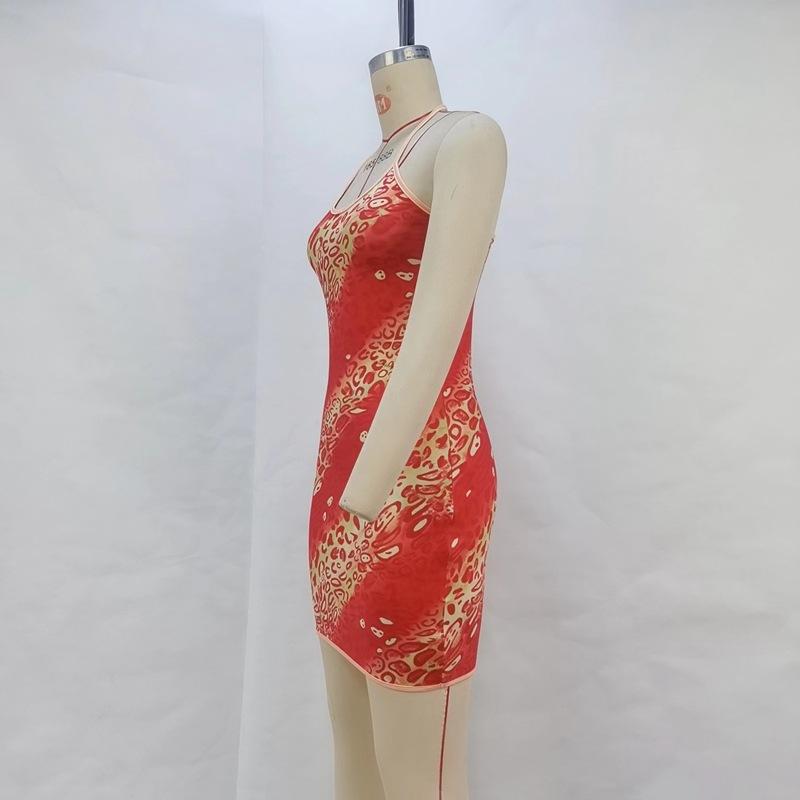 Women's Autumn Sexy Lace Up Hanging Neck Leopard Printed Hipster Dress