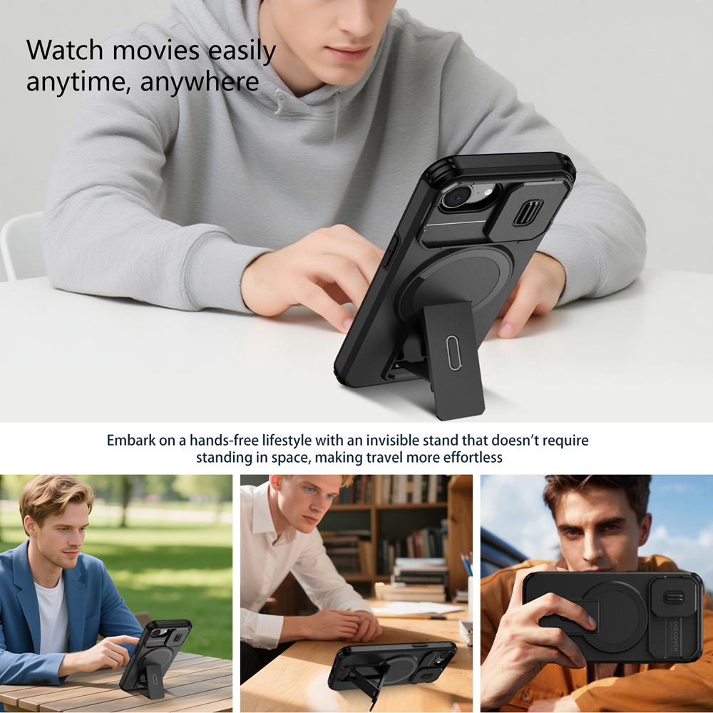 KEYSION Противоударный бронированный магнитный чехол для iPhone 16e Силикон+ПК Сдвижная защита камеры Подставка Беспроводная зарядка Чехол для телефона