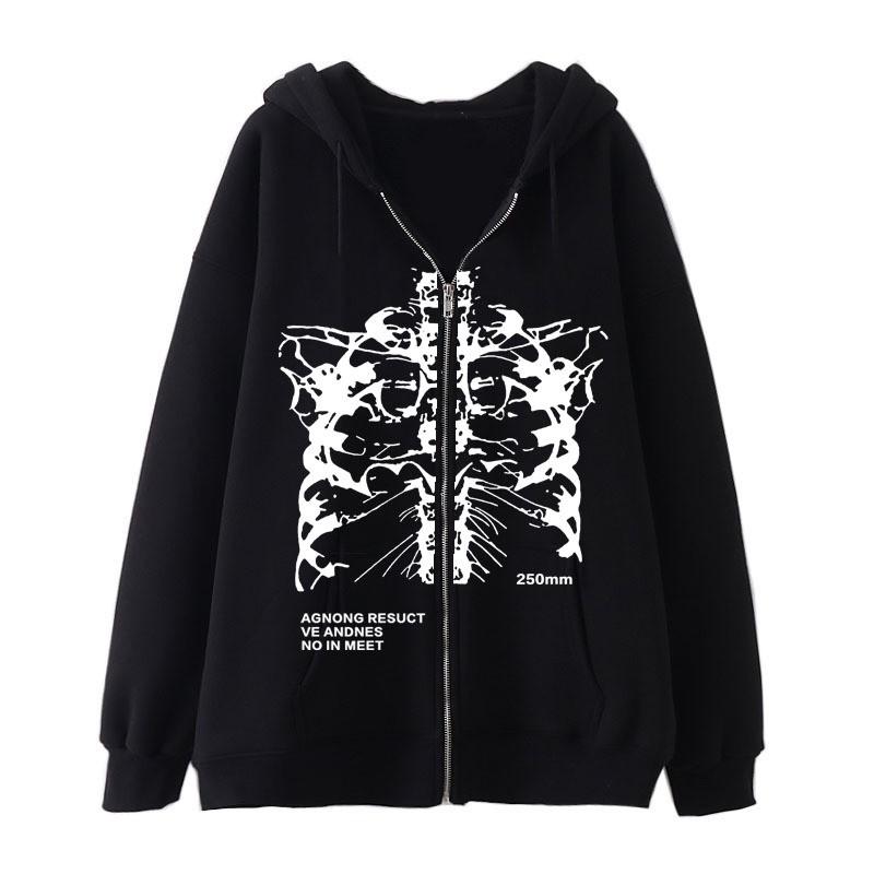 Skull Wing Print Hooded Zip-Up Sweatshirt Women Loose Fit Fleece Lined Long Sleeve Streetwear