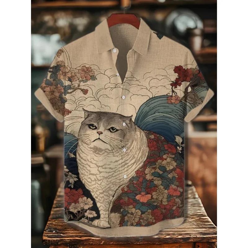 3D-печатная забавная гавайская рубашка с рисунком кота и рыбы для мужчин, милый узор с животными, рубашки Алоха, летние топы с коротким рукавом, уличная одежда