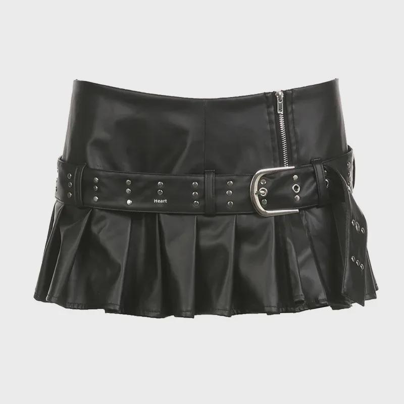 Dark Series Rivet Eyelet Belt Pleated Mini Skirt - Punk Style with Sexy Slit