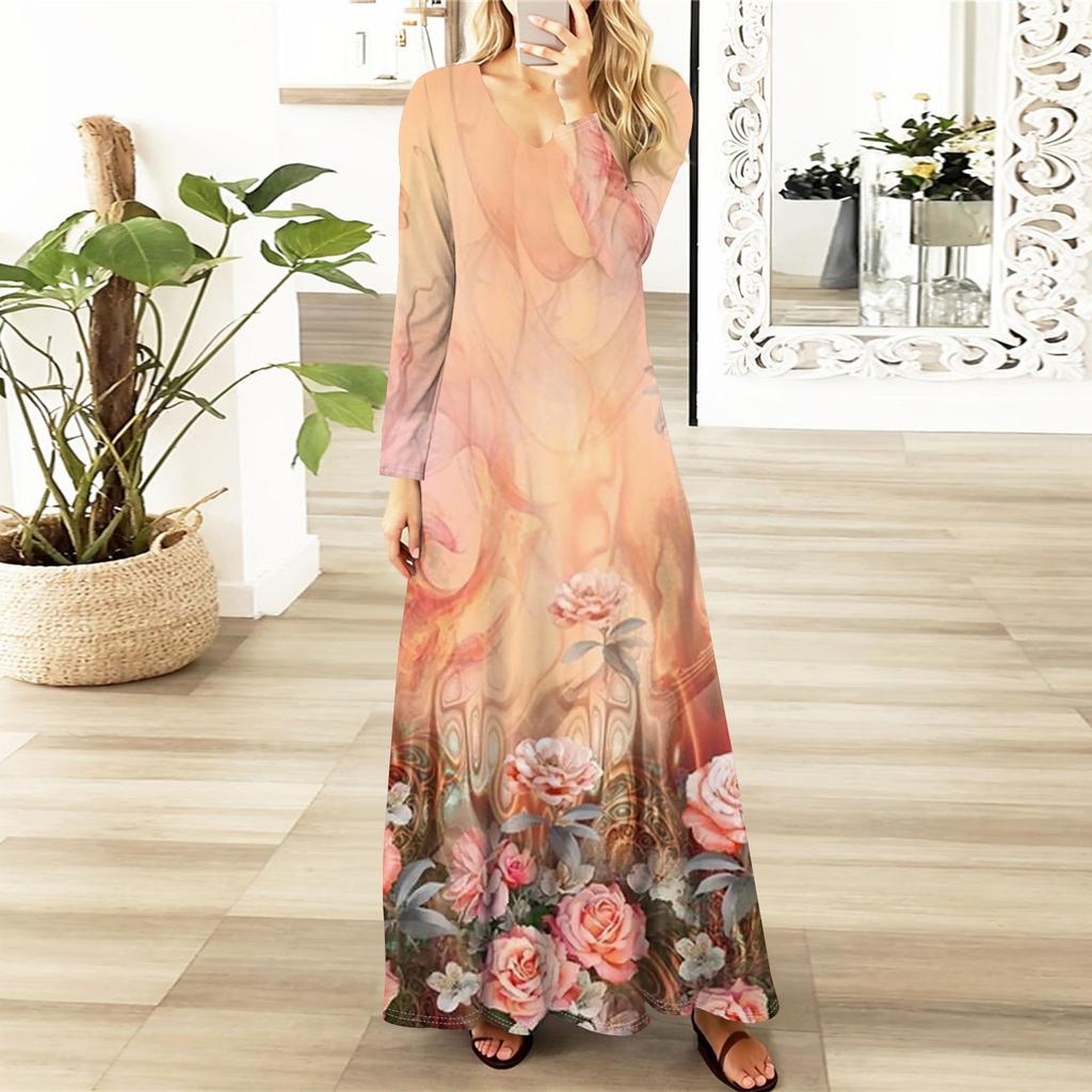 Womens Floral,Gradient Print Maxi Dresses Sexy Dresses Long Sleeve Elegant Fall Long Dresses Holiday Dresses for Women