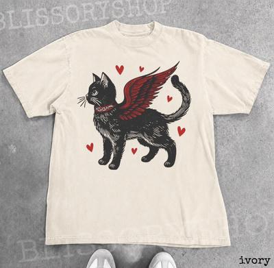 Vintage Angel Wing Cat Graphic Tee, Cute Black Kitten Shirt, Retro Playful Kitty Love Shirt, Coquette Cottagecore Cat Lover Tee