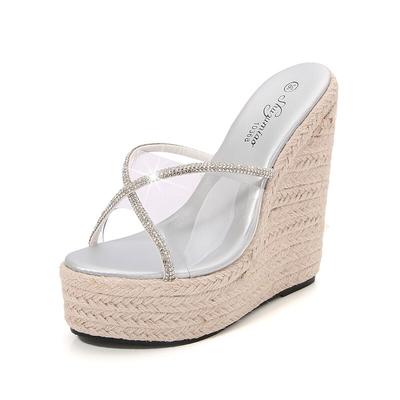 Женские плетеные босоножки на танкетке 15 см, прозрачная верхняя часть, модный черный, серебристый цвет, с рыбьим носком, LFD-10368-124