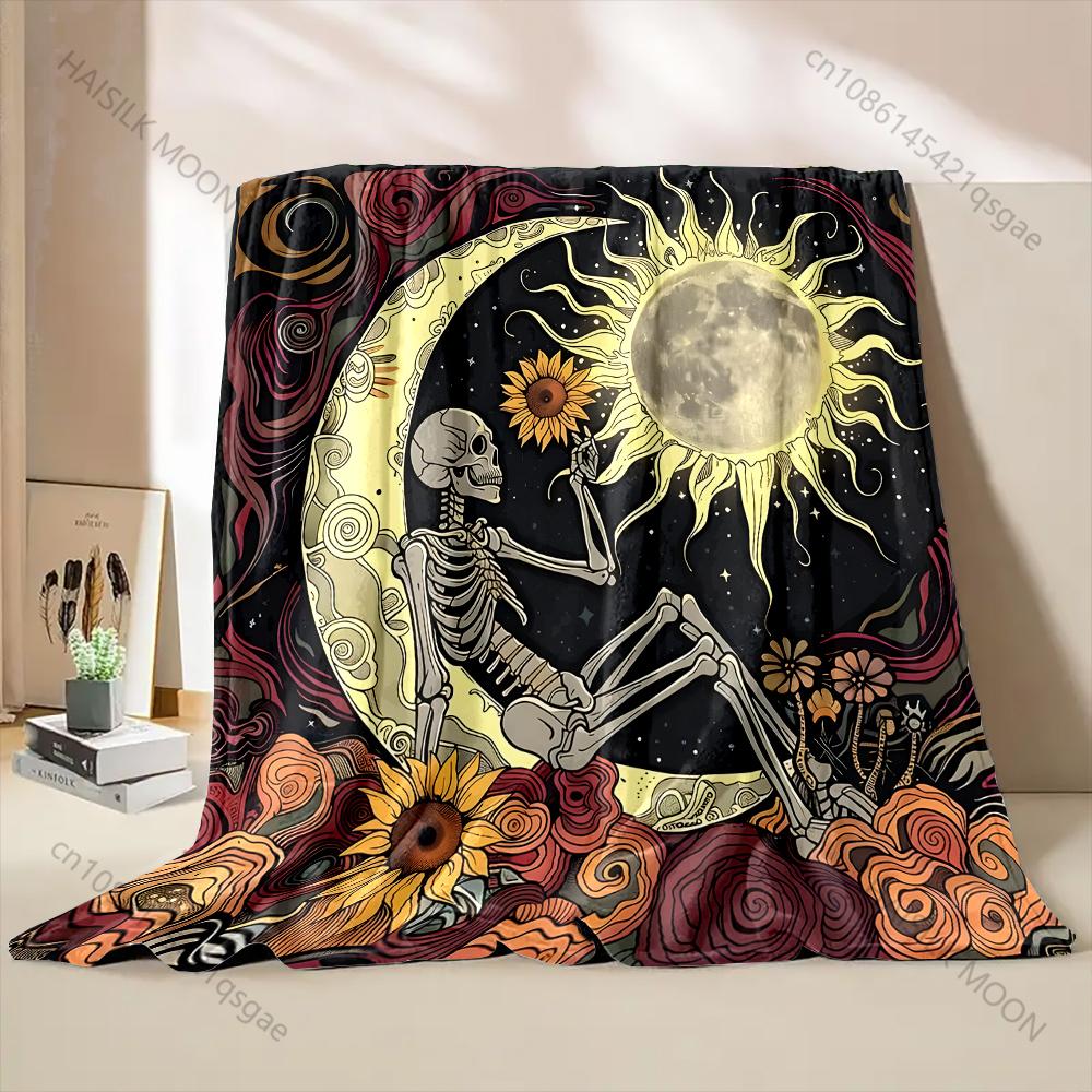 Skull Moon Sun Art Print Blanket Warm Soft Fluffy Kids Adult Luxury Gifts for Sofa Bed Home Outdoor Travel Camping Blanket