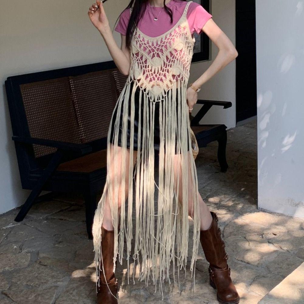 Пляжное платье из полиэфирного волокна, однотонный жилет с кисточками, элегантное вязаное платье, женское