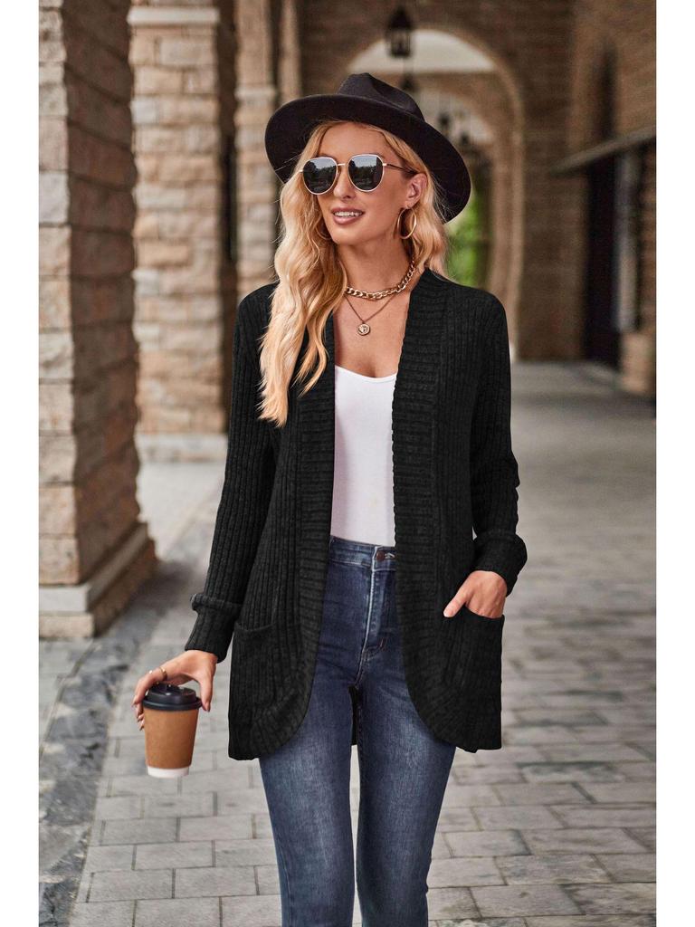 2024 Autumn Striped Solid Color Splicing Long Sleeve Cardigan Jacket