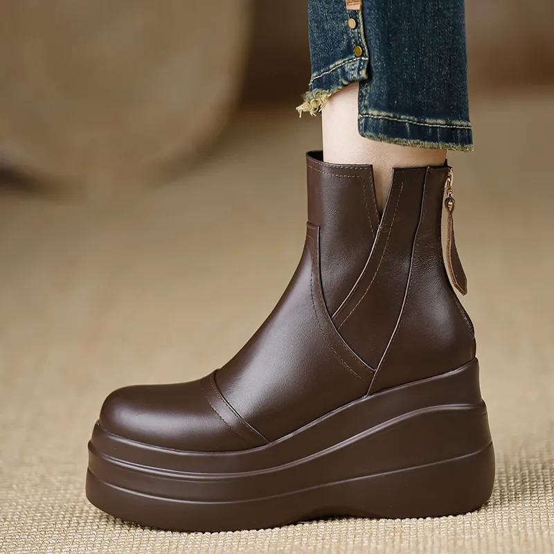 PU 8 Cm Handmade Women's Shoes Autumn and Winter Soft Leather To Increase Waterproof Platform Soft-soled Lightweight Short Boots