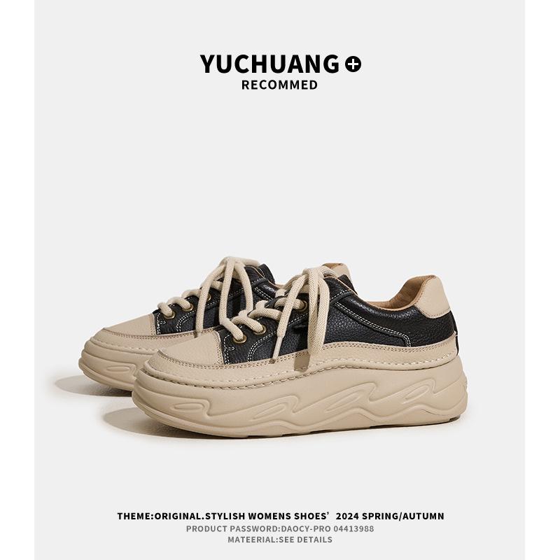 First layer cowhide casual bread shoes women's 2025 spring and autumn fashion versatile platform muffin retro sports board shoes women