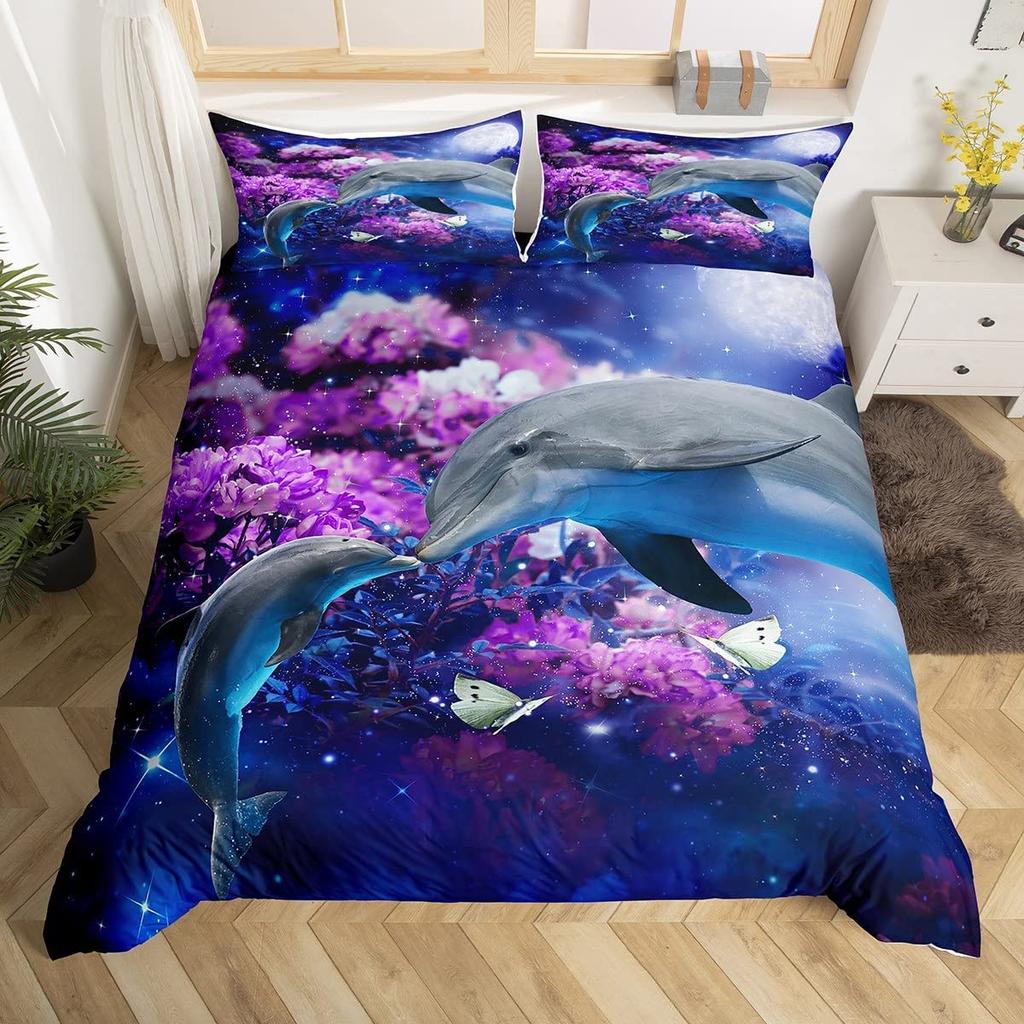 Dolphin Duvet Cover Set Cute Kawaii Wild Animals King Queen Full Size Polyester Bedding Set For Boys Girls Comforter Cover