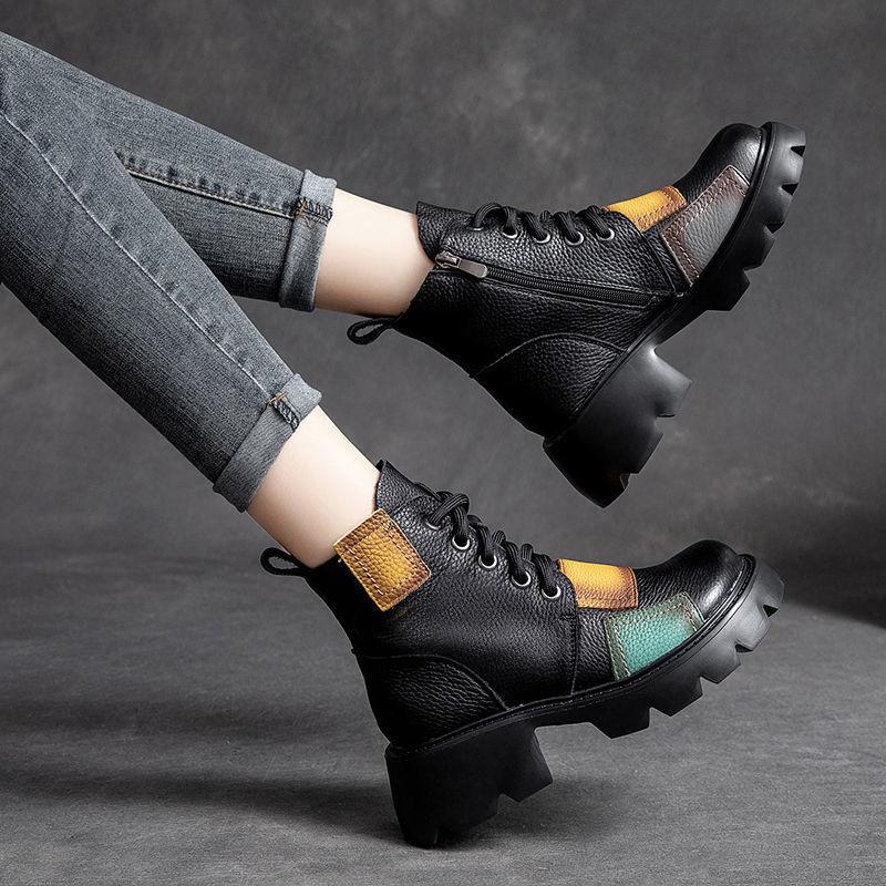 Women's Autumn and Winter Ethnic Style Short-tube Thick-heeled Single Boots Retro Patch Waterproof Platform Boots