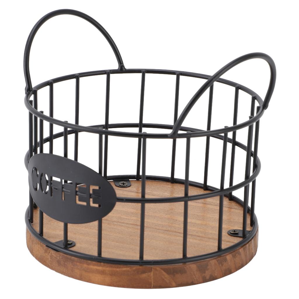 Coffee Pod Basket Round Iron Wire Storage Basket Large Capacity Coffee Capsule Holder with Wooden Ba