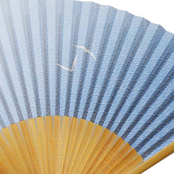 Kimono Folding White Bamboo Light Seagull and Seigaiha Pattern [Stylish Iroha] Men's Fan, Carving, Scented, Blue,
