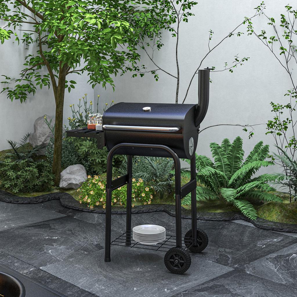 Charcoal Barbecue, BBQ Trolley with Shelves, Wheels, Lid, Thermometer, Chimney, in Metal, Black