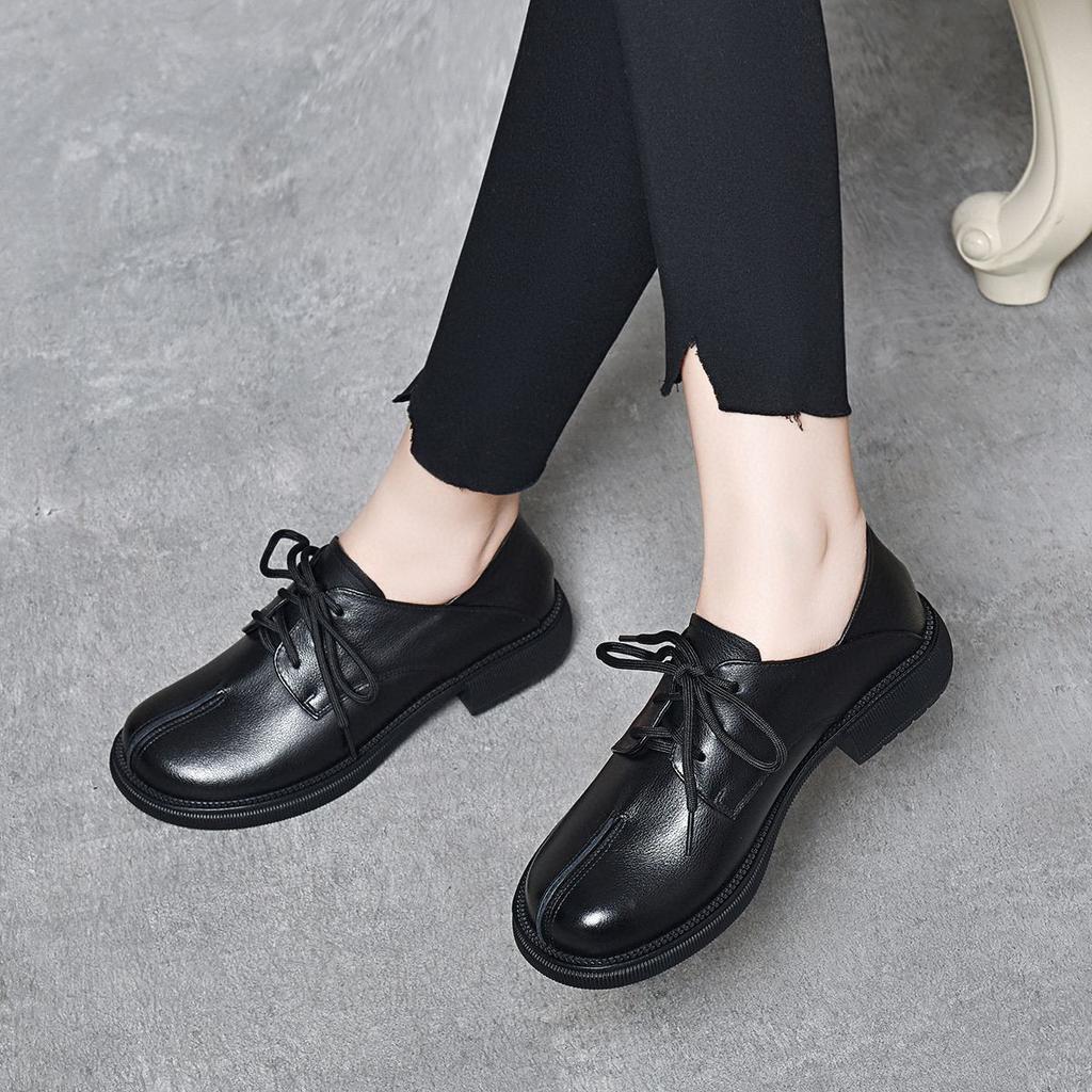 Round Head Flat Shoes Women's Single Shoes 2024 Spring New First-layer Cowhide Loafers Leather Shoes Lace-up Single Shoes Four-season Shoes