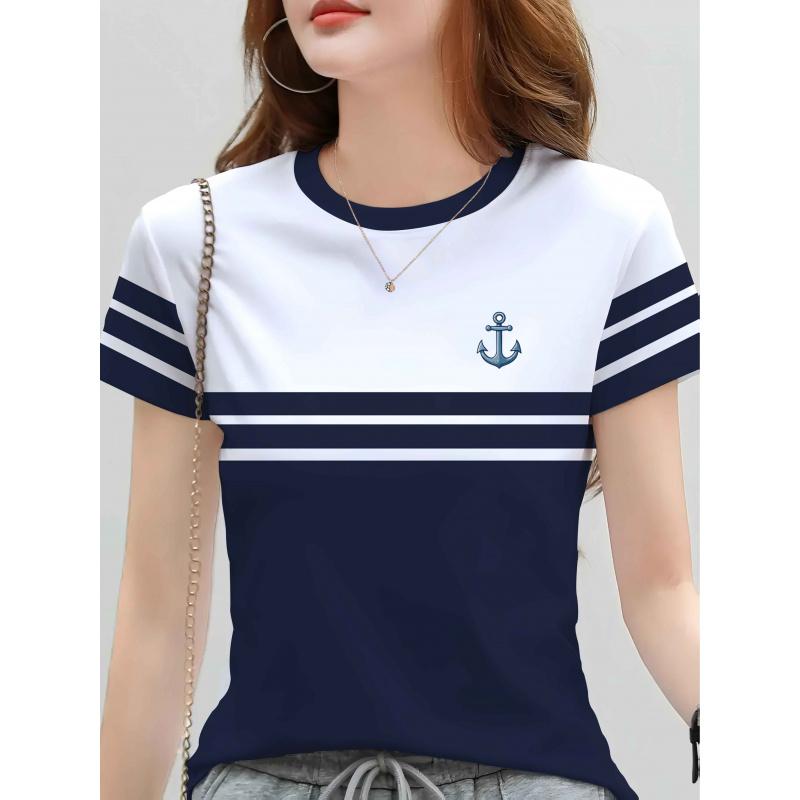 2026 women's nautical style T-Shirt round Neck Short Sleeve With anchor print pattern Casual striped top