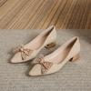 Women's Summer Pointed Toe Thick Heel 2024 New Bowknot Rhinestone Shallow Mouth Large Size Slip On Low Heels Women's Shoes