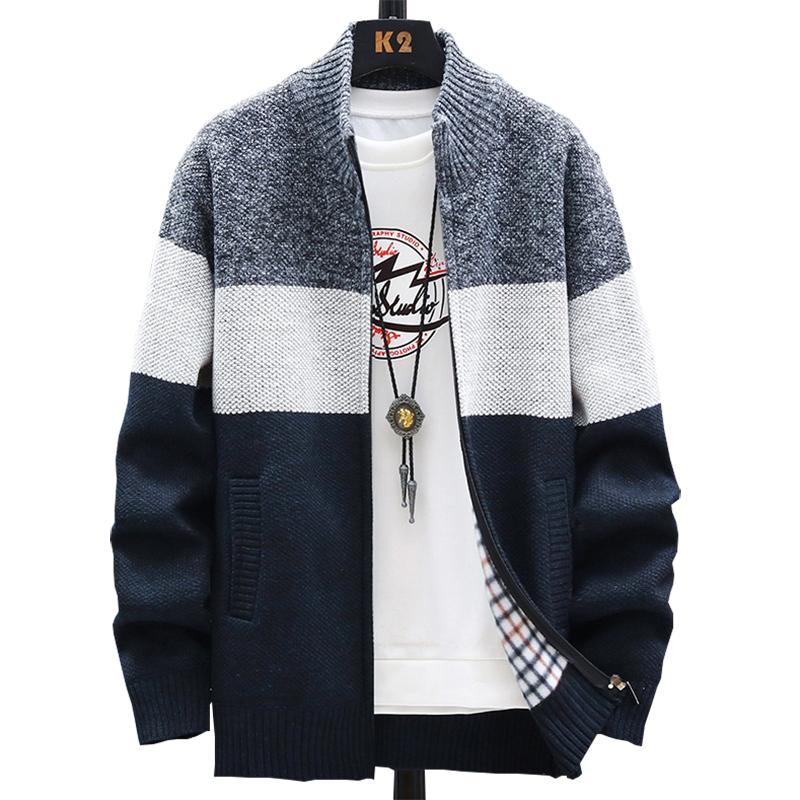 2024 Winter Men Sweater Add Velvet Cardigan Patchwork Color Stand Collar Male Casual Zipper Knitted Thick Warm Sweatercoat