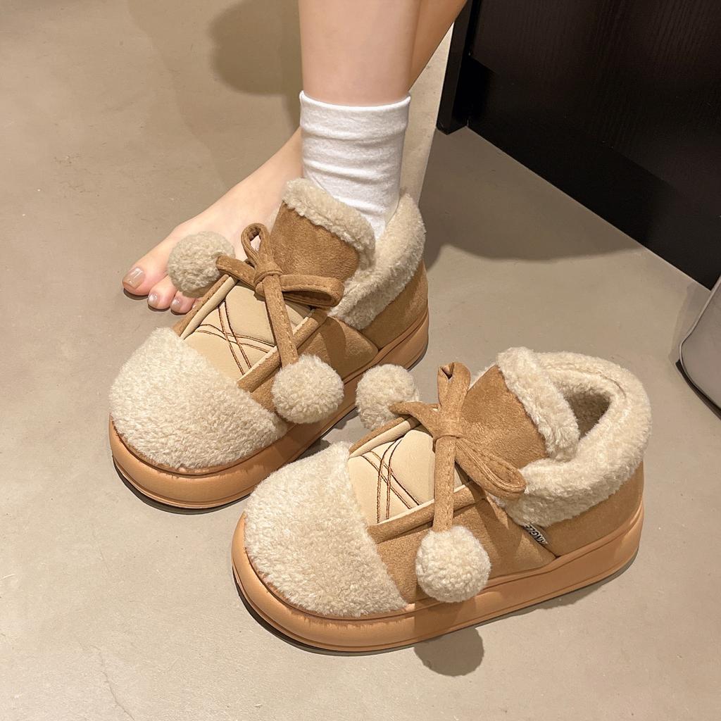 Милые мультяшные помпоны зимние женские новые зимние теплые ботинки на толстой подошве, утепленные хлопковые домашние тапочки