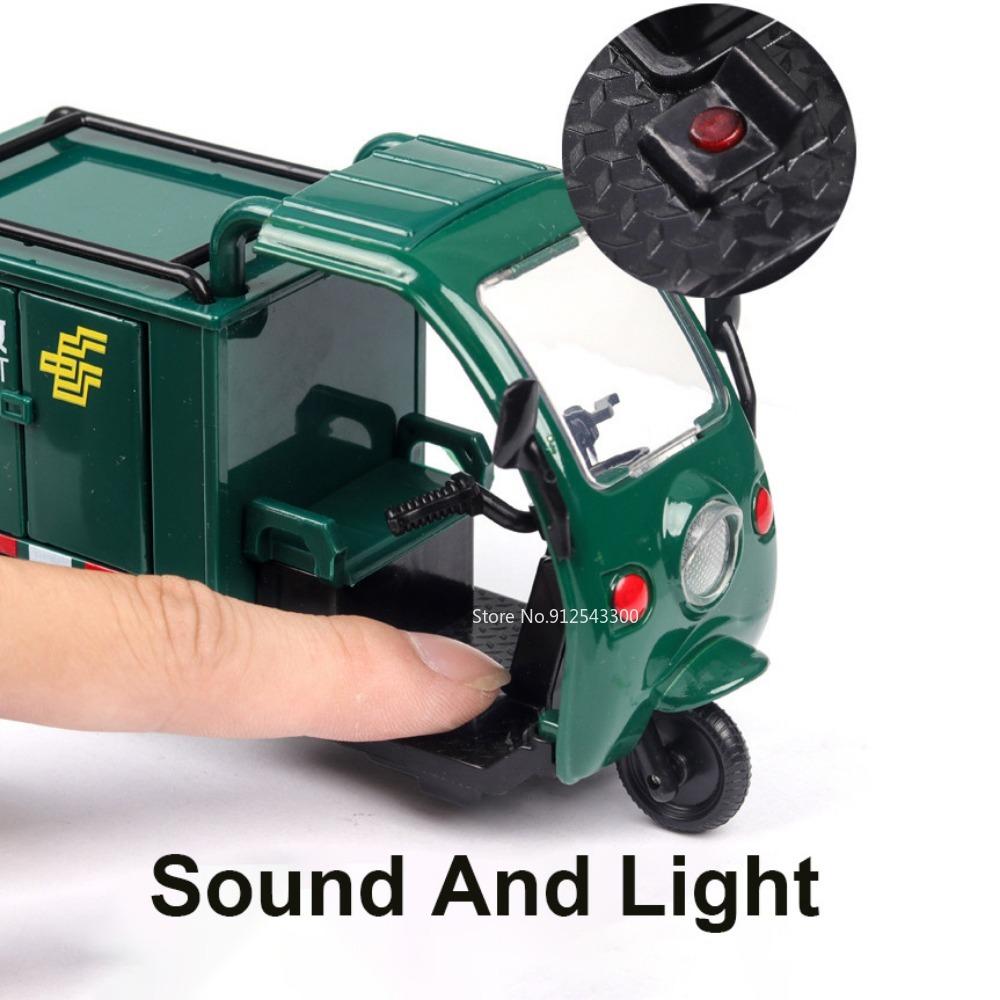 1/32 Scale Express Delivery Tricycle Model Car Toy Steerable Front Wheels Sound Light Pull Back Vehicle Models Gifts for Kids