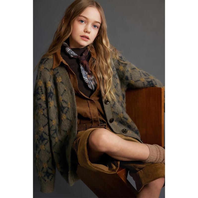 Кардиган для девочек ELLE KIDS с цветовыми блоками, жаккардовой вязкой и круглым вырезом