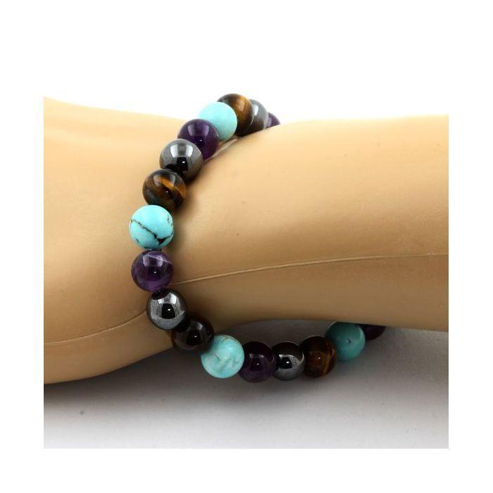 Pierres et Minéraux. Bracelet Perles Améthyste + Oeil de Tigre + Turquoise + Hématite 8 mm. Fabriqué en France.