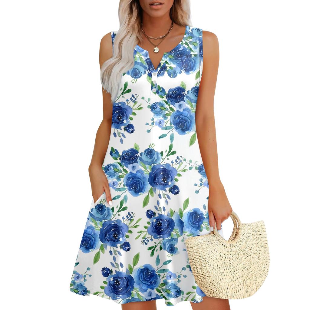 Женские летние платья Свободные сарафаны без рукавов с V-образным вырезом Платье с карманами