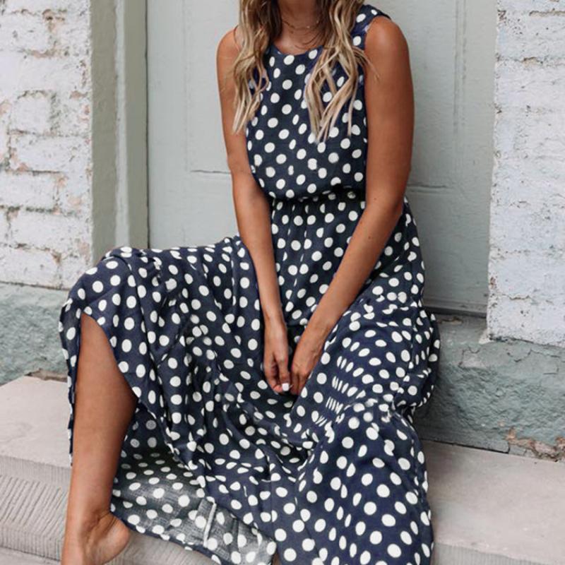 QICED Spring Summer Fashion Versatile Printed Polka Dot O-Neck Long Women's Dresses