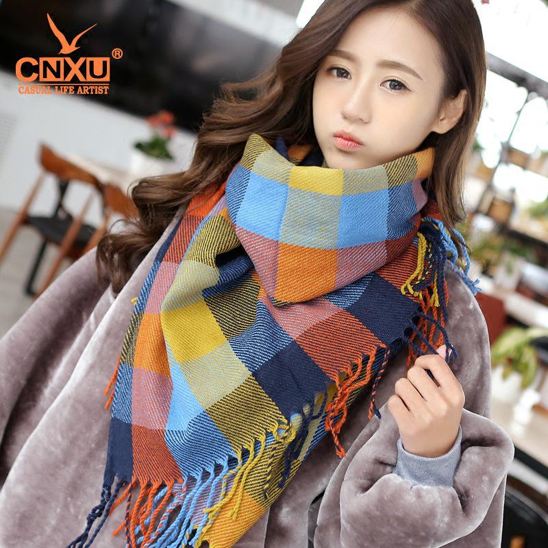 Women's Korean Style Knitted Plaid Tassel Shawl: Thick, Double-Sided & Versatile Winter Scarf