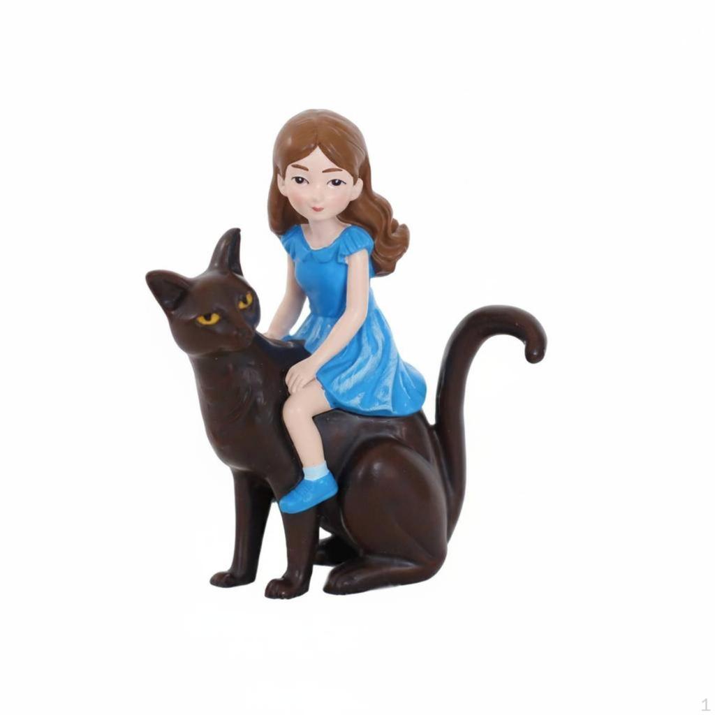 Girl withCat Figurine Cute Black Feline Statue Regal type Resin for Girls, Children,