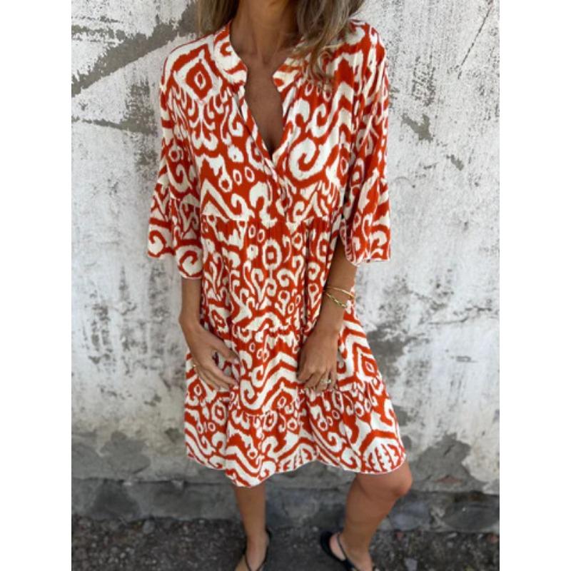 Женское весенне-летнее повседневное платье с V-образным вырезом, принтом и плиссировкой, эластичное с четырех сторон
