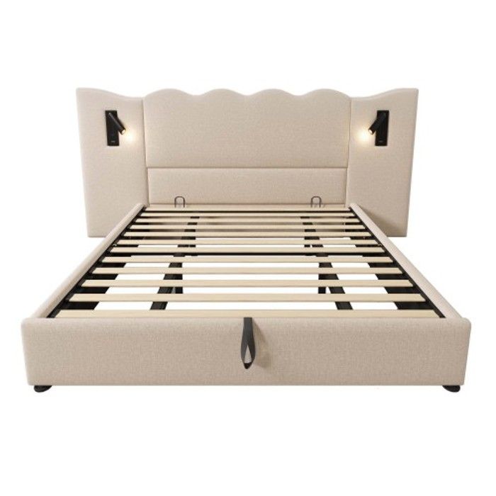 Lit double 180x200 - MUVOE - Beige - Liseuse pivotante - Chargeur USB-C - Bois massif