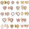 Original 925 Sterling Silver Rose Gold Earrings Logo Polished Crown O Heart Stud Earrings Women 'S Wedding Gift Fashion Jewelry