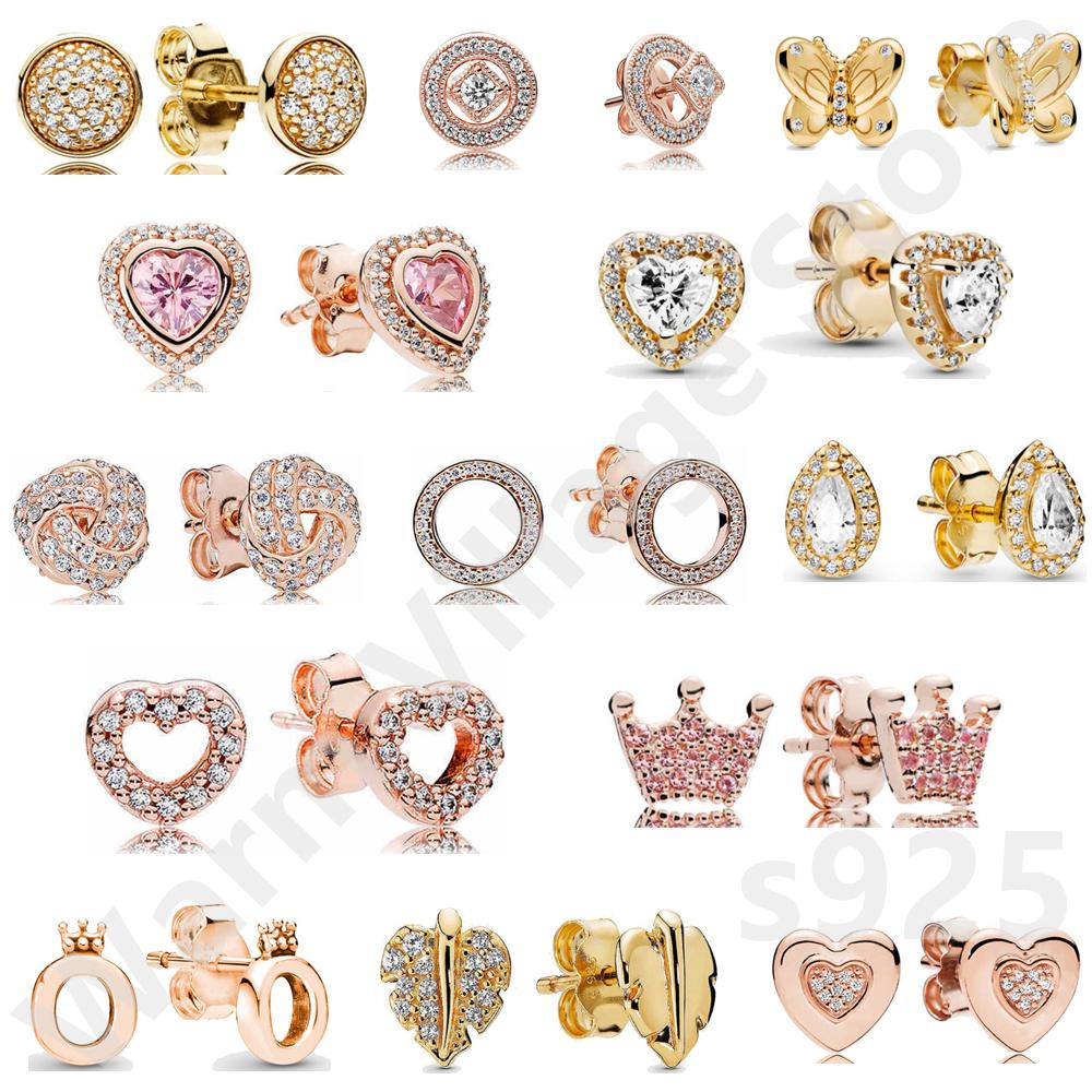 Оригинальные серьги из стерлингового серебра 925 пробы из розового золота с логотипом, полированная корона и сердце, серьги-гвоздики, женские свадебные подарки, модные украшения