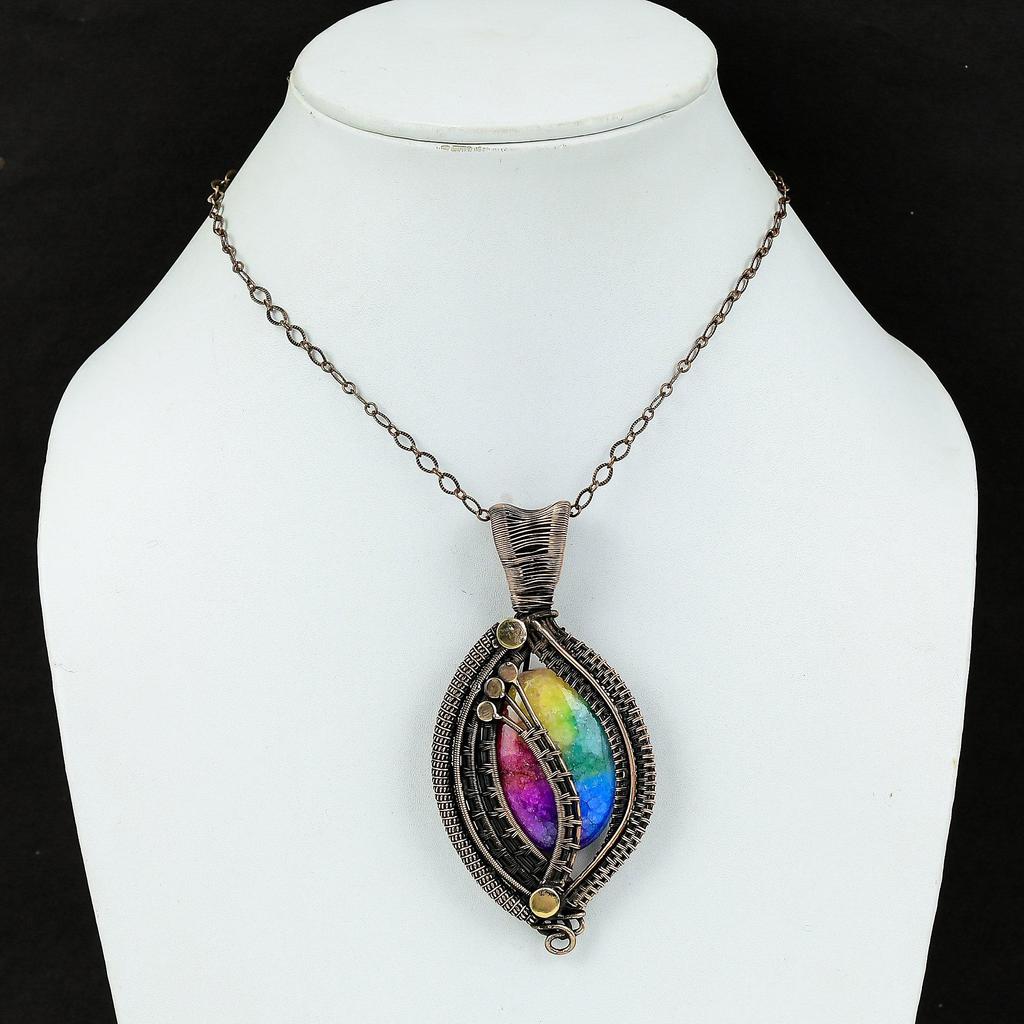 Подвеска Rainbow Solar Quartz Druzy, подвеска из медной проволоки, подвеска ручной работы, очень красивая подвеска из меди, ювелирное изделие из драгоценных камней, подарок на помолвку
