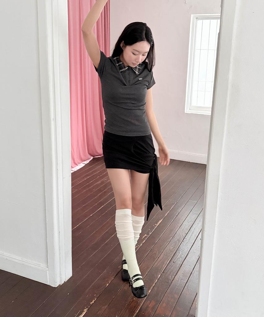 CHICKS Check Point Collared Short Sleeve T-Shirt Charcoal