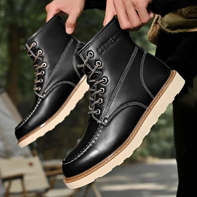Мужские уличные кожаные ботинки, новые модные водонепроницаемые мужские мотоциклетные ботинки, удобные теплые зимние ботинки на платформе