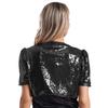 Womens Glitter Sequin Crop Jacket Short Sleeve Open Front Shiny Clubwear Party Outerwear Evening Cover Up