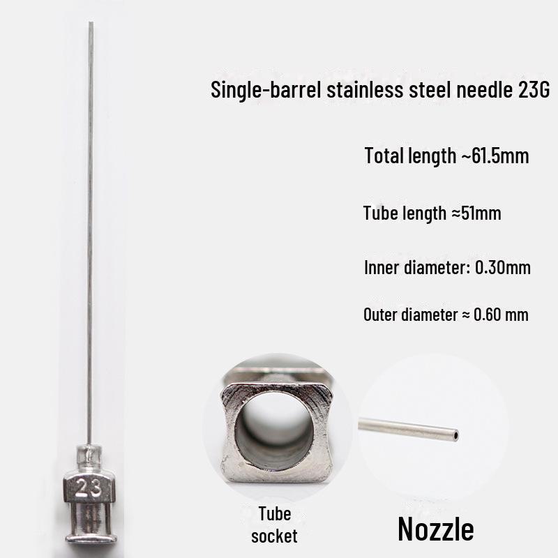 Дозирующая игла из нержавеющей стали с плоским кончиком, общая длина 61,5 мм, длина трубки 50 мм.
