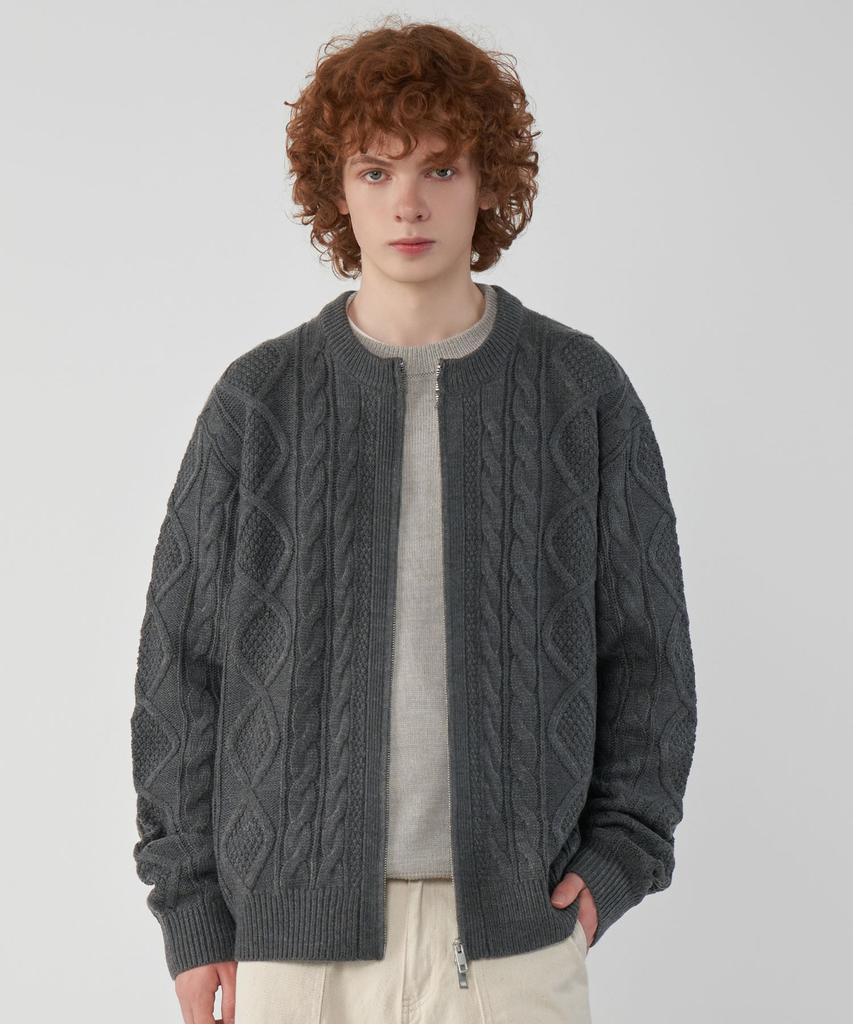 UNTAPPED STUDIO Oversized 2-Way Aran Cable Round Zip-Up Knit Cardigan 5 Colors