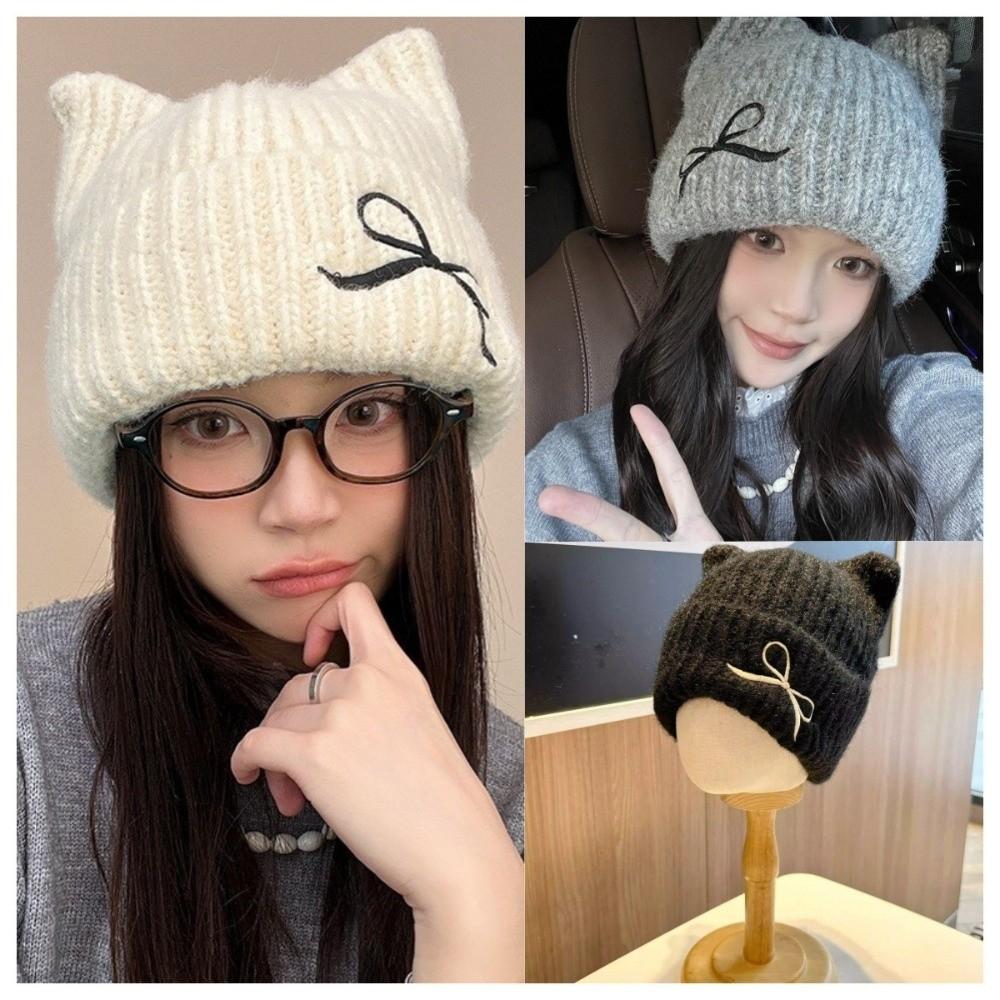 Thickened Cat Ear Beanie Windproof Knitted Skullies Soft Knitted Woolen Hat Ladies