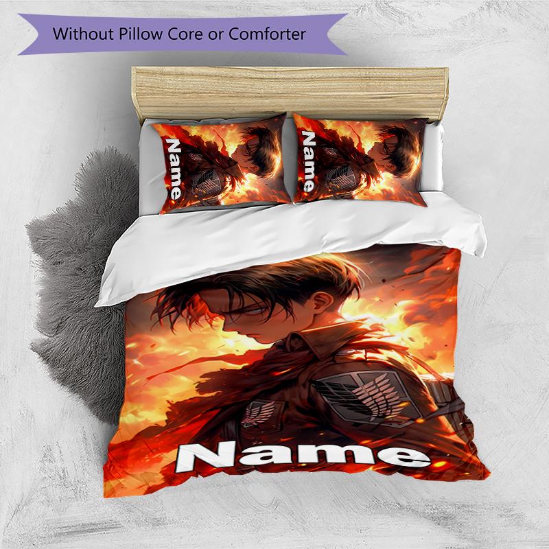 3pcs Custom Name Attack on Titan Bedding Set Duvet Cover Closure Includes 1 Duvet Cover & 2 Pillowcases for All Seasons Bedroom Decor