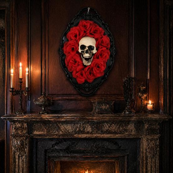 Gothic Halloween Skull Decor Wall Decoration, Vintage Red Rose Frame Sculpture, Retro Horror Spider Web Art Ornament for Holiday Party