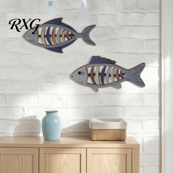 Nautical Hanging Ornaments 2Pcs Mediterranean Style Wooden Fish Wall Hanging, Hollow Skeleton Coastal Living Room Decor Decor, Vintage Ornament