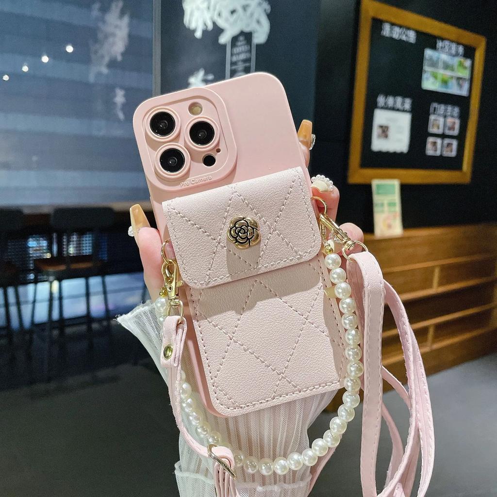 Чехол-ремешок через плечо с браслетом из искусственного жемчуга для iPhone 15 14 13 12 11 Pro Max X XS XR 7 8 Plus SE с держателем для карт