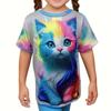 Одежда для девочек 3D-принт с милым котом, круглым вырезом, короткими рукавами, графические футболки, летняя уличная мода, футболки для детей