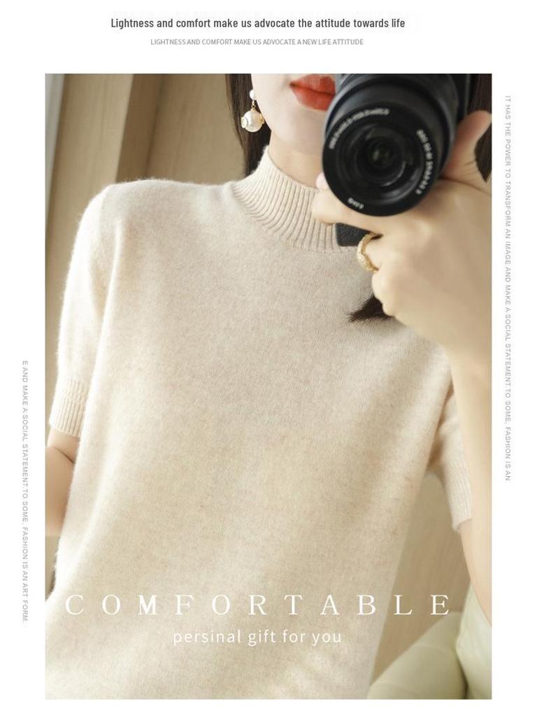 Women's Wool Blend Half High Neck Short Sleeve Sweater