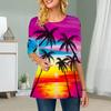 Plus Size Women Flower Seaside Print Round Neck Casual Loose Long Sleeve Top